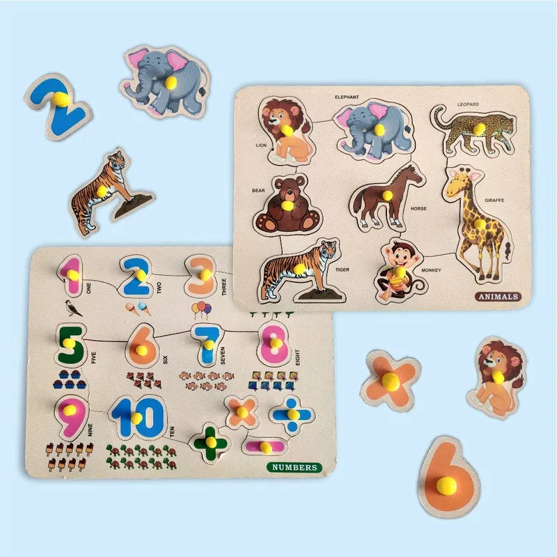 4 in 1 Wooden Wild Animal, Number, Vegetable & Body Parts Puzzles for Kids