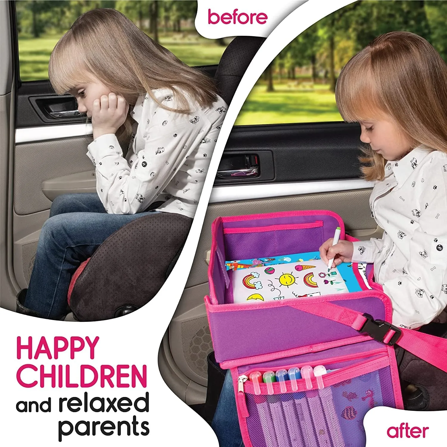 ECOFANTASY Kids Travel Tray W/Dry Erase Top - Car Seat Travel Tray Table for Toddler - Travel and Road Trip Essentials Kids - Car Lap Desk with Storage