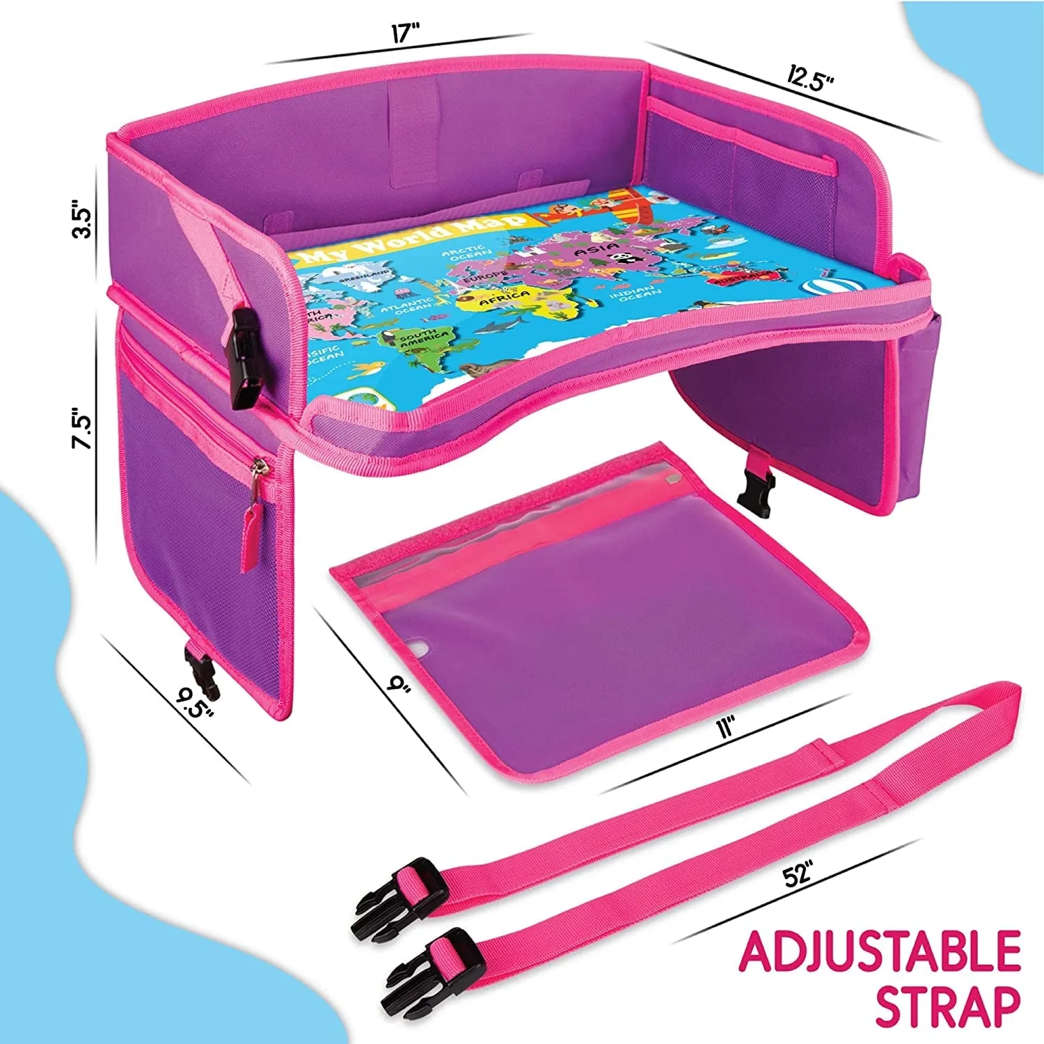 ECOFANTASY Kids Travel Tray W/Dry Erase Top - Car Seat Travel Tray Table for Toddler - Travel and Road Trip Essentials Kids - Car Lap Desk with Storage