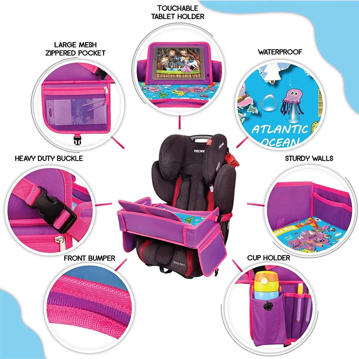 ECOFANTASY Kids Travel Tray W/Dry Erase Top - Car Seat Travel Tray Table for Toddler - Travel and Road Trip Essentials Kids - Car Lap Desk with Storage