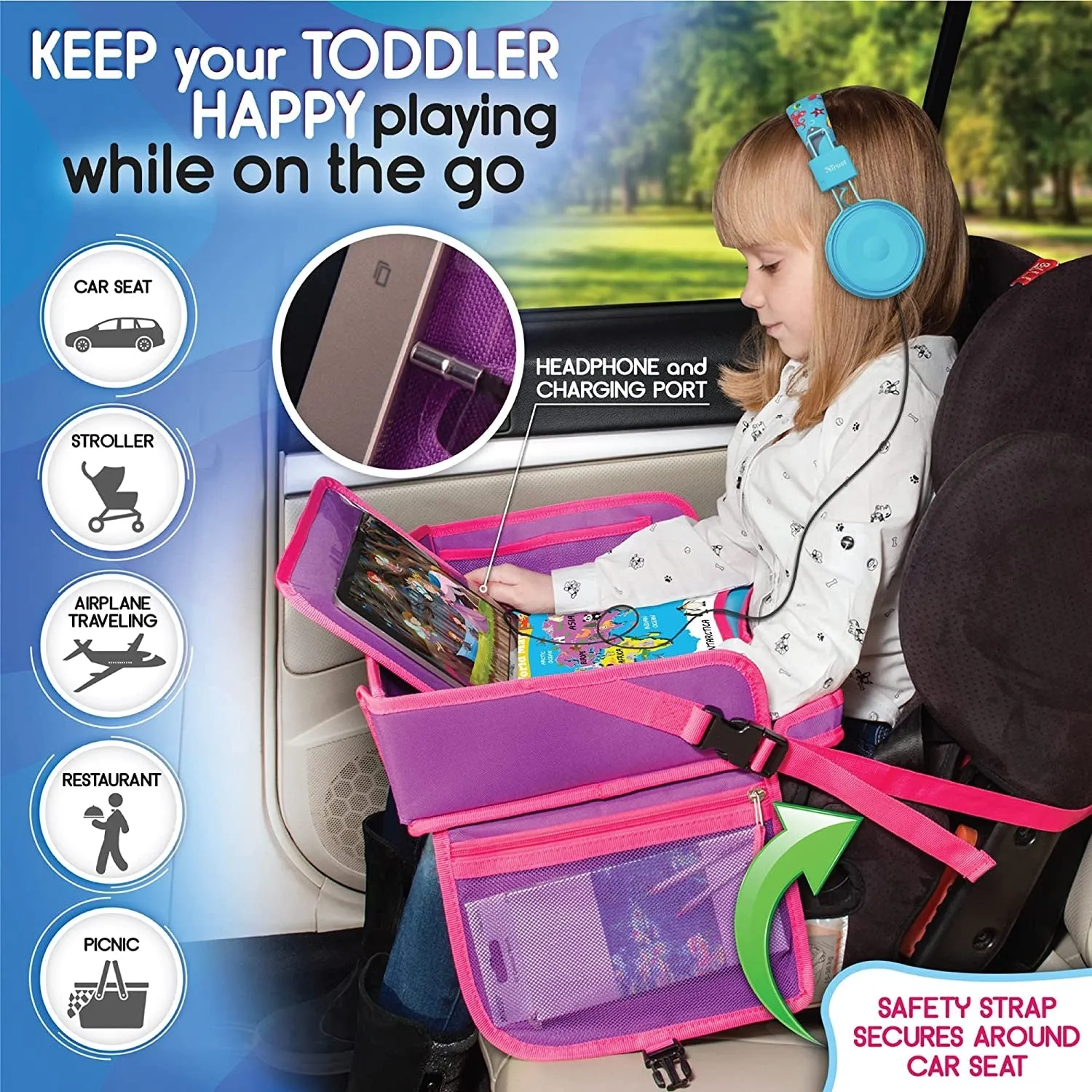 ECOFANTASY Kids Travel Tray W/Dry Erase Top - Car Seat Travel Tray Table for Toddler - Travel and Road Trip Essentials Kids - Car Lap Desk with Storage