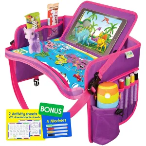 ECOFANTASY Kids Travel Tray W/Dry Erase Top - Car Seat Travel Tray Table for Toddler - Travel and Road Trip Essentials Kids - Car Lap Desk with Storage