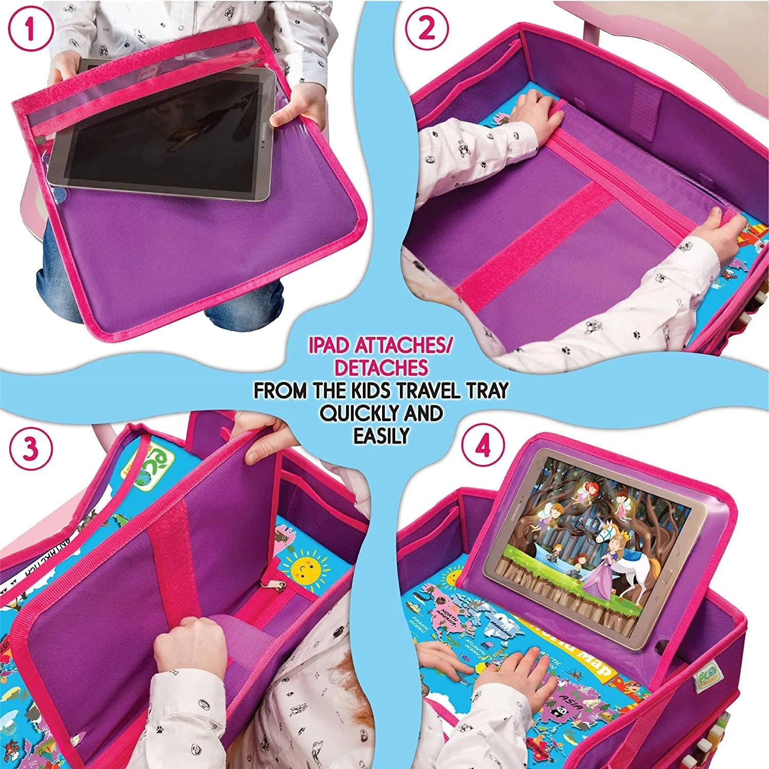 ECOFANTASY Kids Travel Tray W/Dry Erase Top - Car Seat Travel Tray Table for Toddler - Travel and Road Trip Essentials Kids - Car Lap Desk with Storage