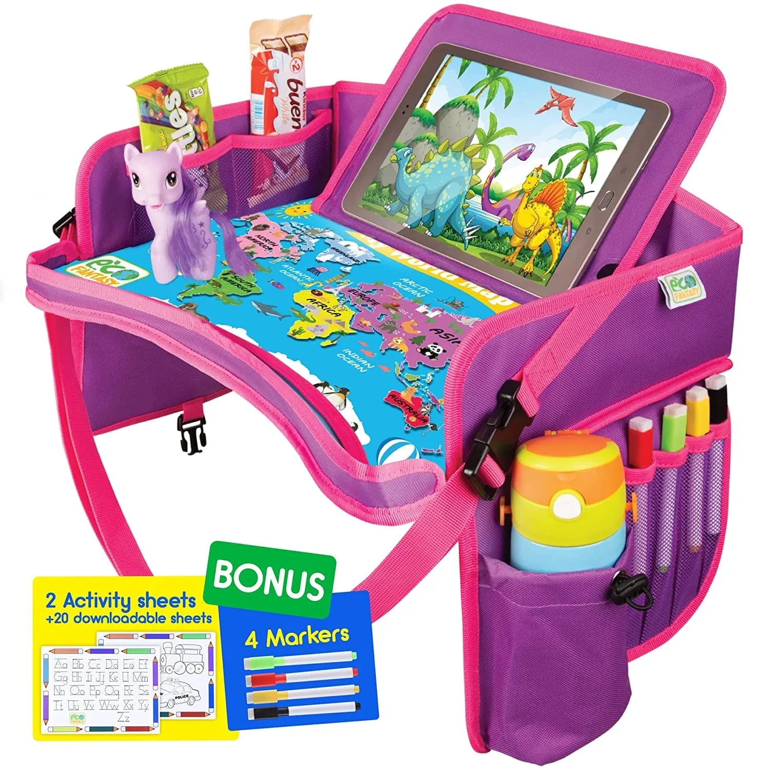 ECOFANTASY Kids Travel Tray W/Dry Erase Top - Car Seat Travel Tray Table for Toddler - Travel and Road Trip Essentials Kids - Car Lap Desk with Storage