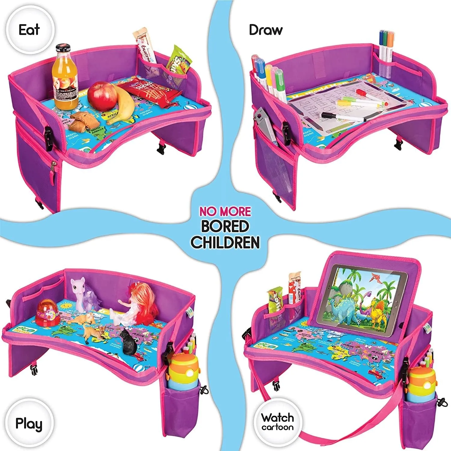 ECOFANTASY Kids Travel Tray W/Dry Erase Top - Car Seat Travel Tray Table for Toddler - Travel and Road Trip Essentials Kids - Car Lap Desk with Storage