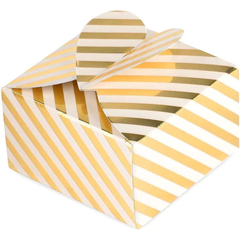Gold Foil Striped Party Favor Gift Boxes (2.6 x 2.6 x 1.6 Inches, 100 Pack)