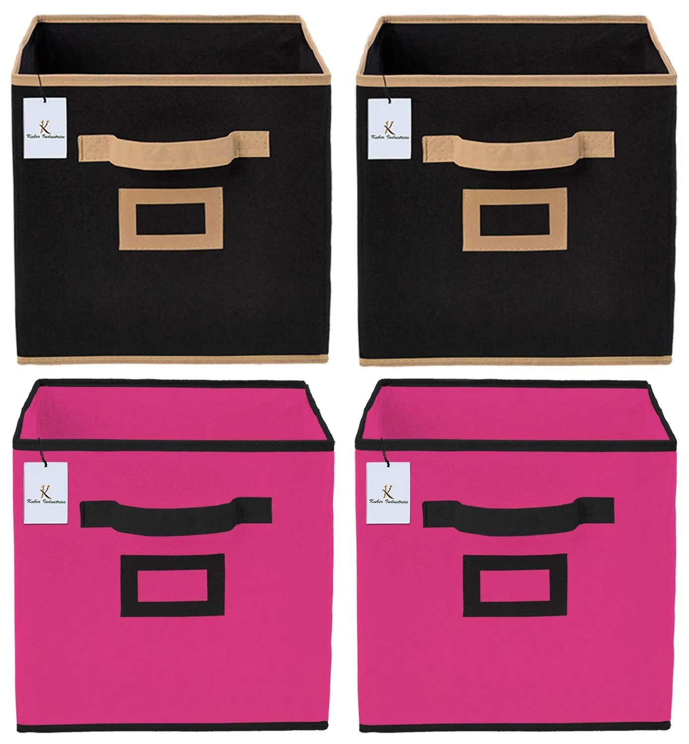 Kuber Industries Non Woven 4 Pieces Small Foldable Storage Organiser Cubes/Boxes (Black & Pink) - CTKTC035185