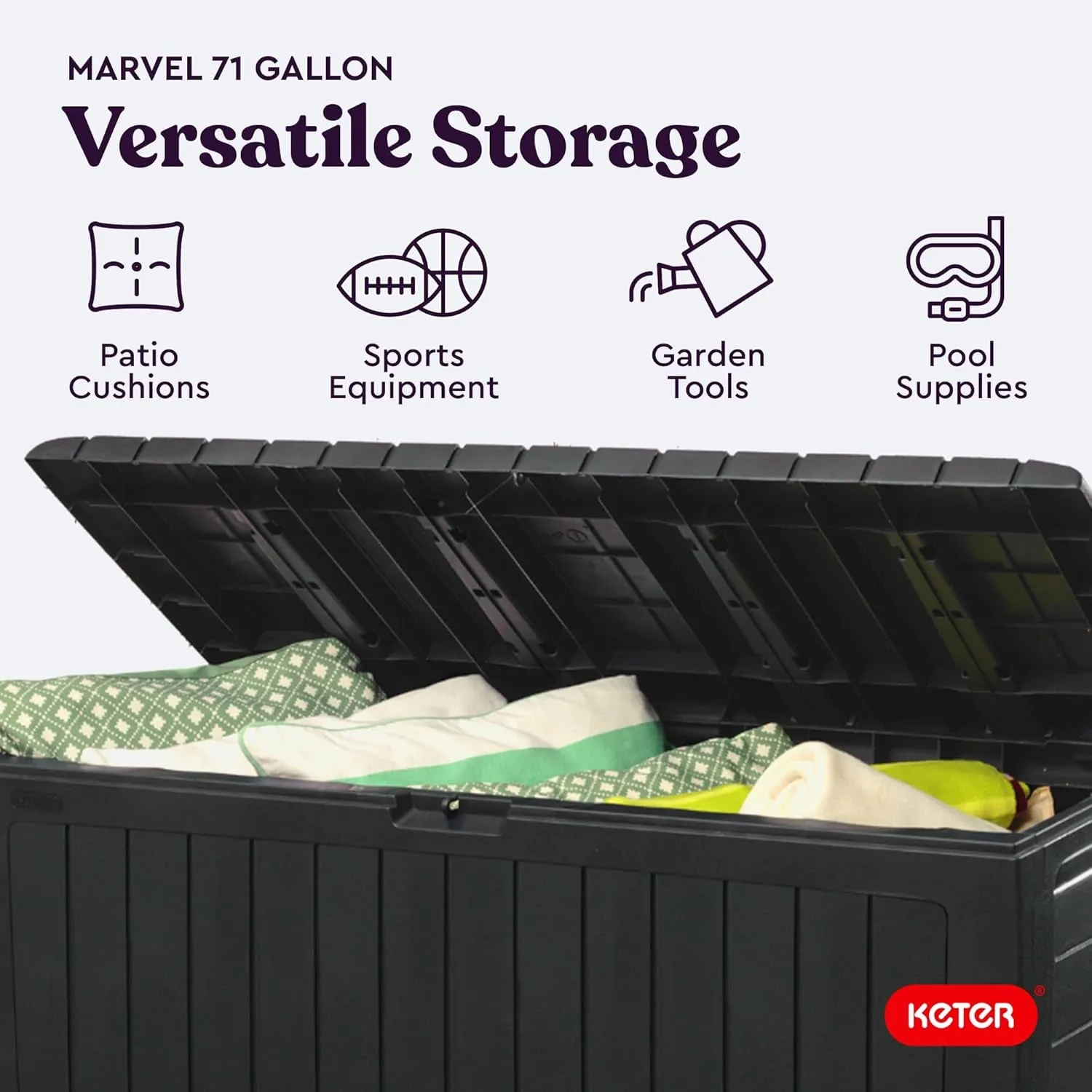 Marvel plus 71 Gallon Resin Deck Box-Organization and Storage for Patio Furniture Outdoor Cushions, Throw Pillows, Garden Tools and Pool Toys, Dark Grey