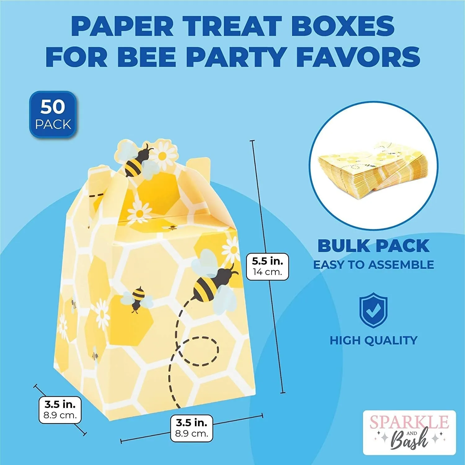 Paper Treat Boxes for Bee Party Favors (3.5 x 3.5 x 5.5 in, 50 Pack)