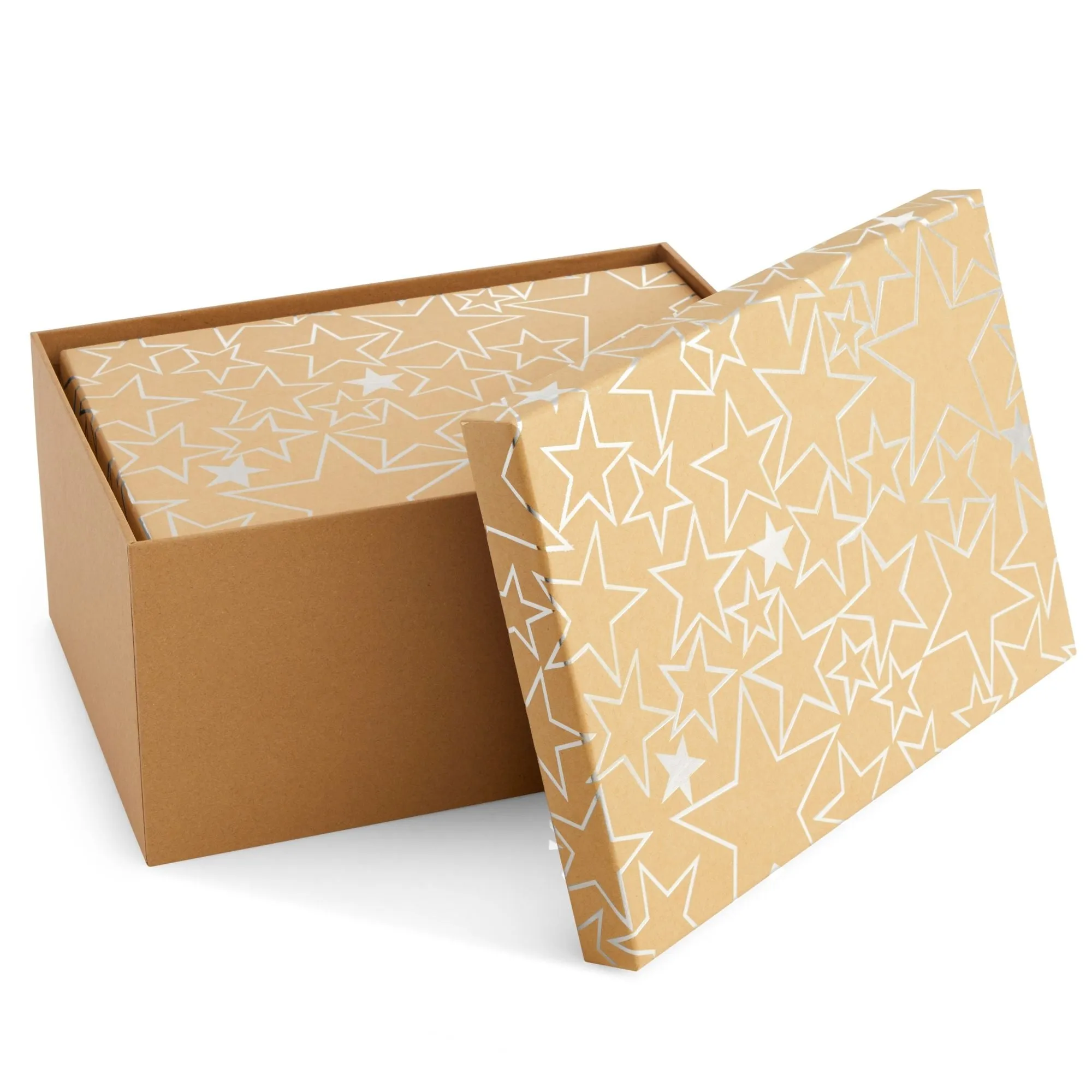 Set of 10 Nesting Gift Boxes with Lids, Cardboard Box with Silver Foil Star Designs (10 Sizes)
