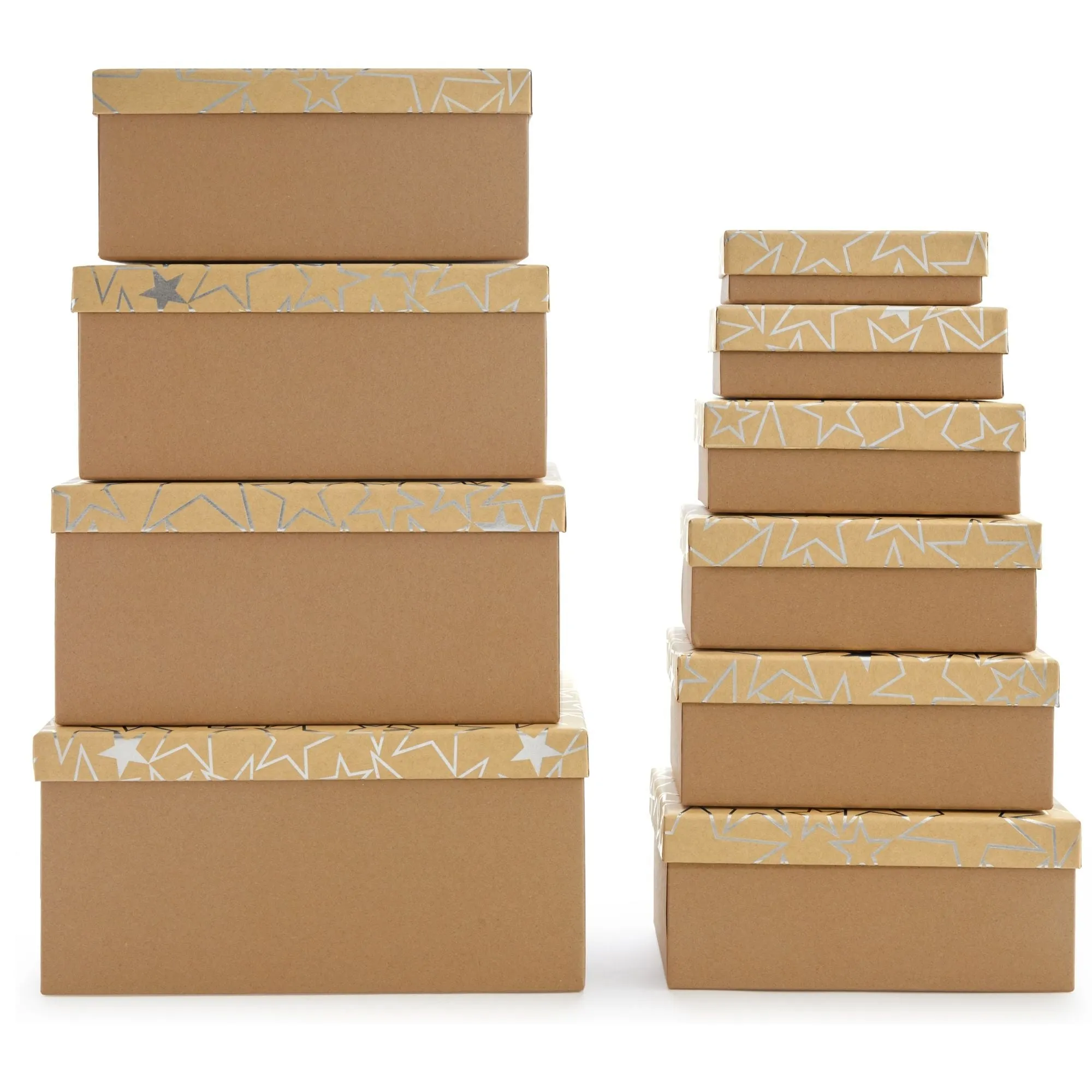 Set of 10 Nesting Gift Boxes with Lids, Cardboard Box with Silver Foil Star Designs (10 Sizes)