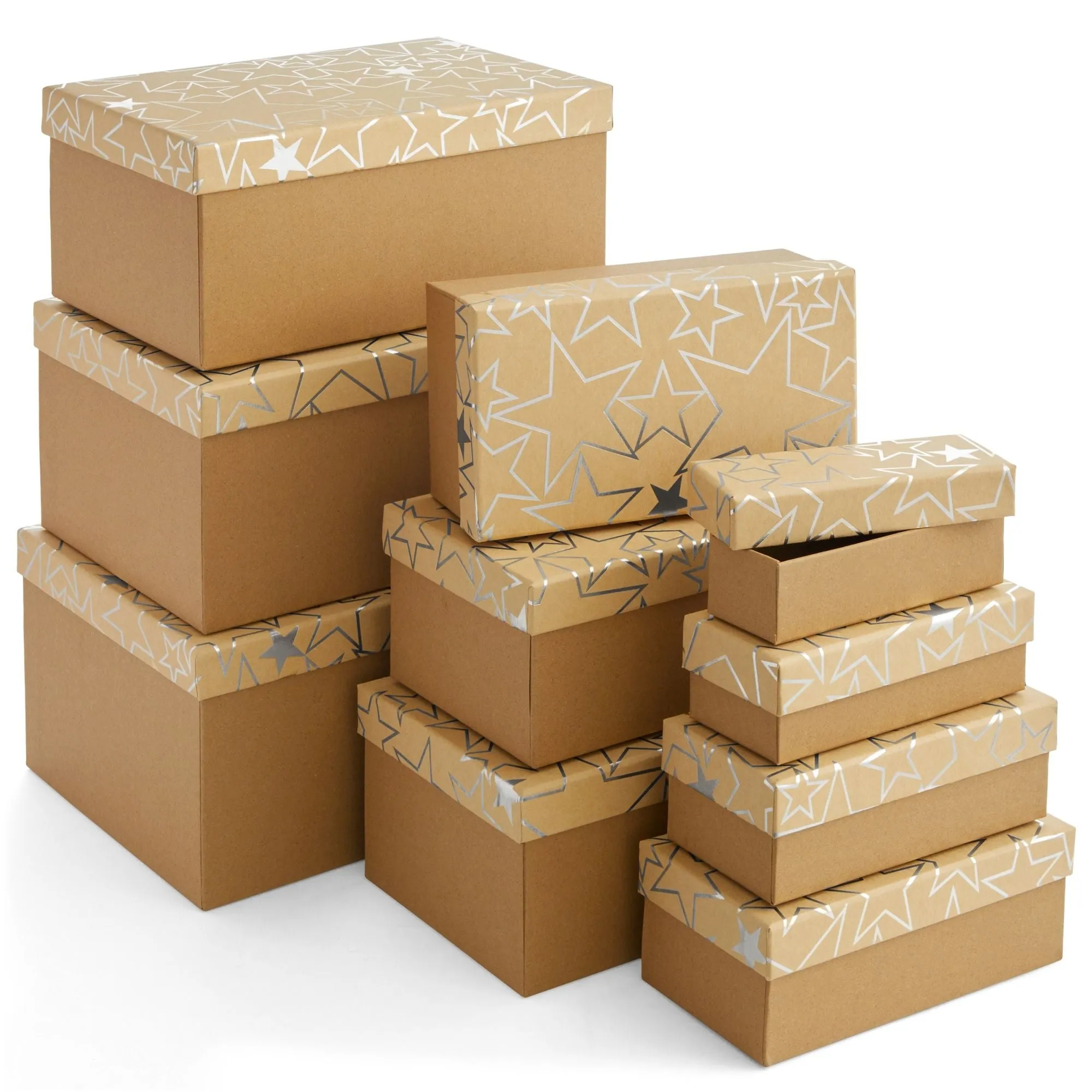 Set of 10 Nesting Gift Boxes with Lids, Cardboard Box with Silver Foil Star Designs (10 Sizes)