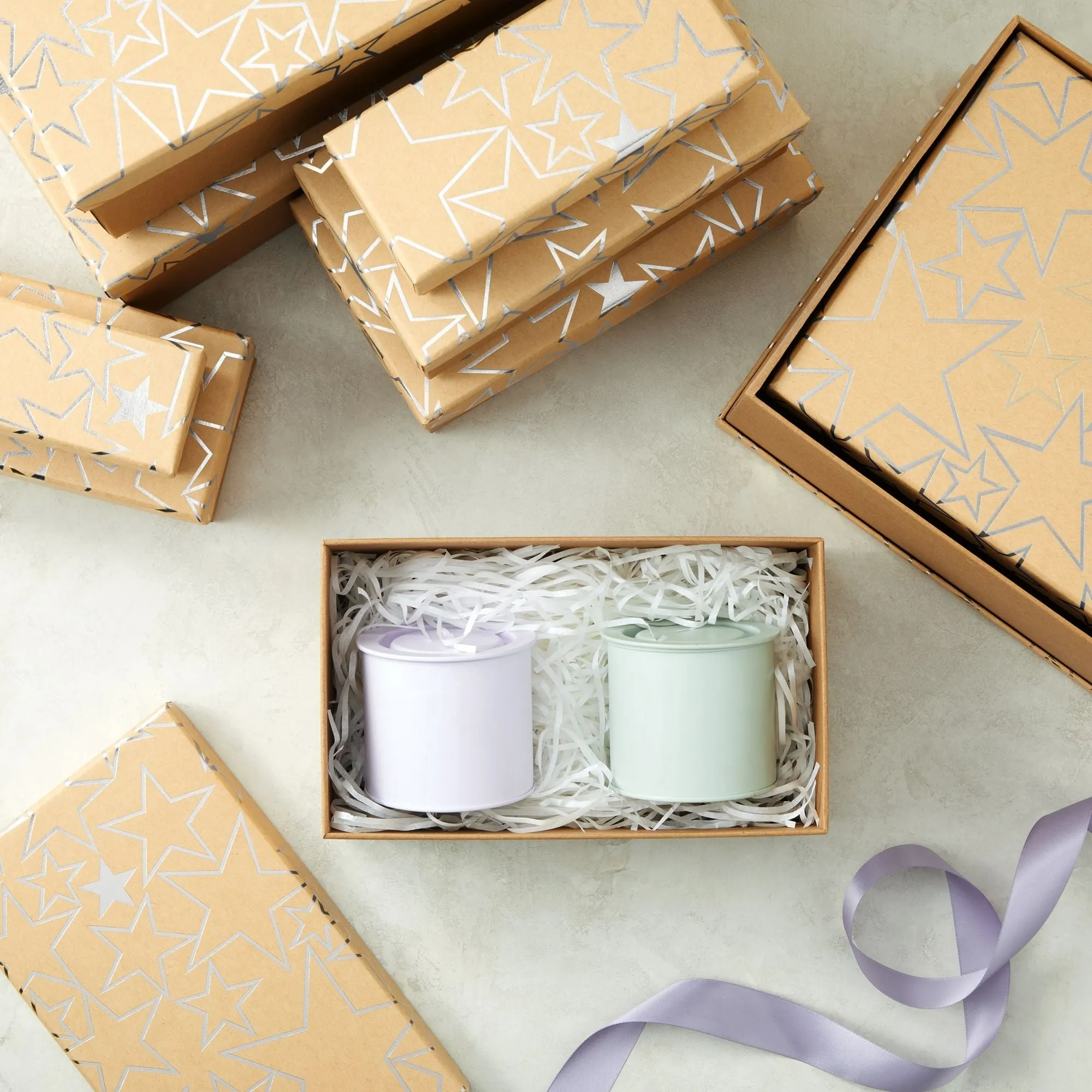 Set of 10 Nesting Gift Boxes with Lids, Cardboard Box with Silver Foil Star Designs (10 Sizes)