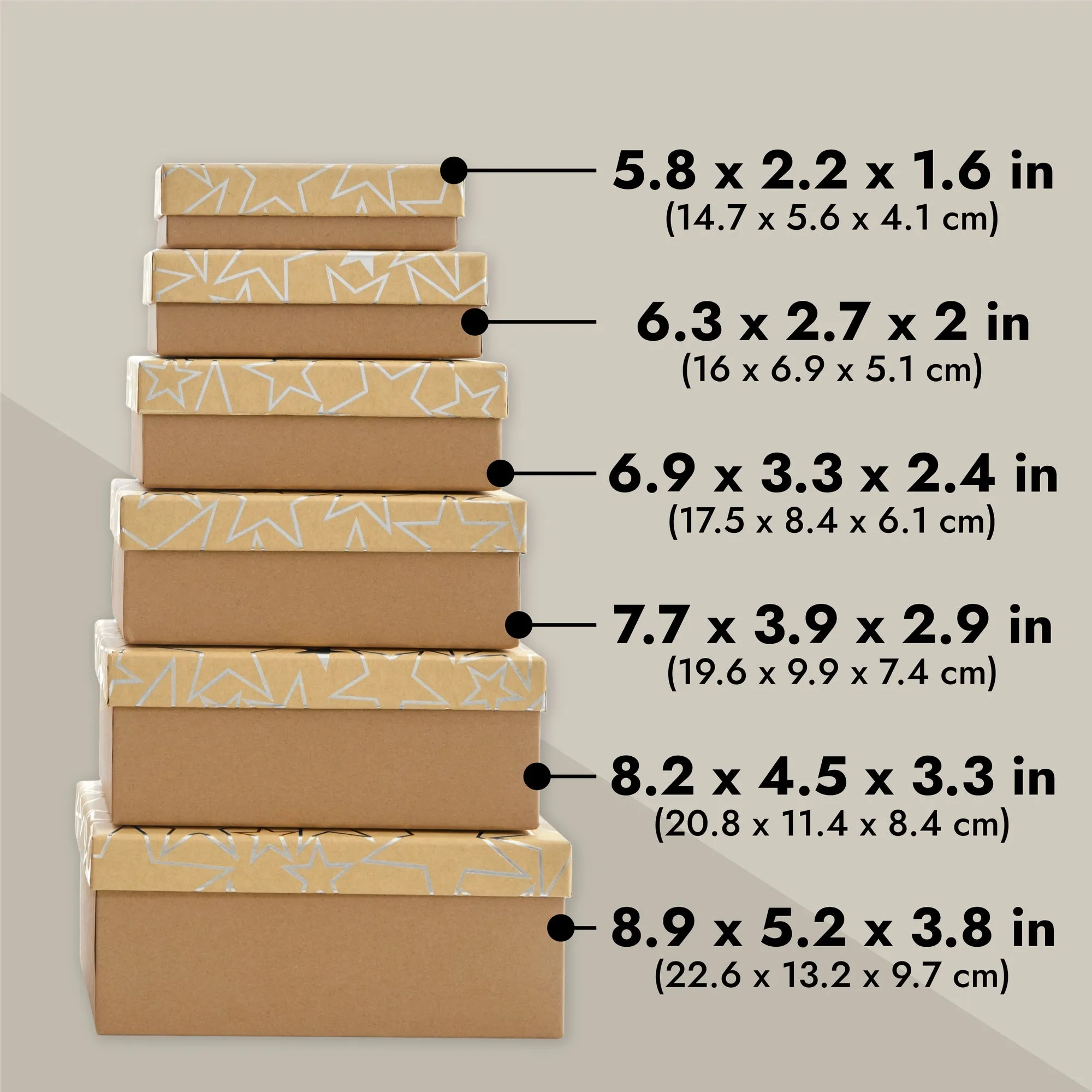 Set of 10 Nesting Gift Boxes with Lids, Cardboard Box with Silver Foil Star Designs (10 Sizes)