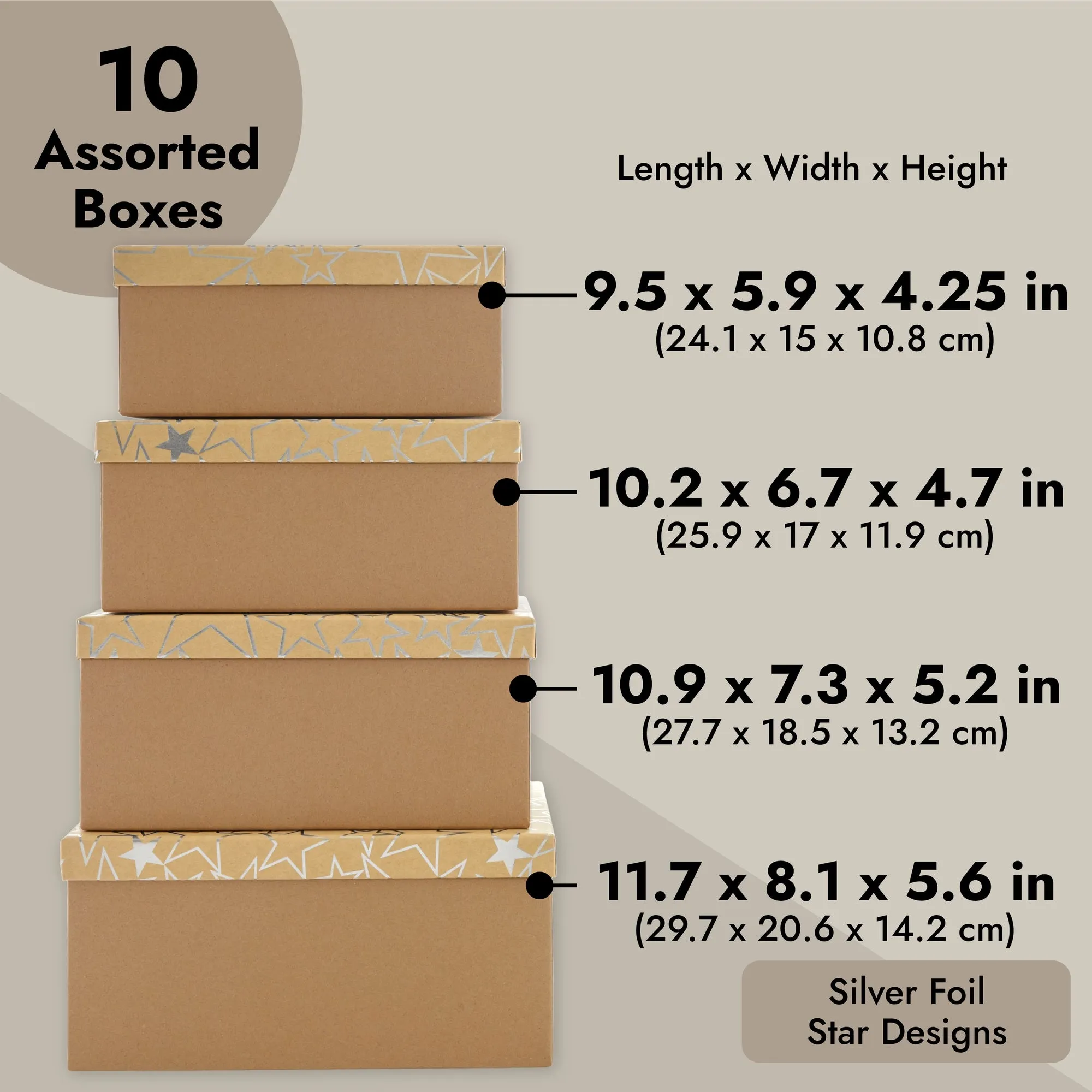 Set of 10 Nesting Gift Boxes with Lids, Cardboard Box with Silver Foil Star Designs (10 Sizes)