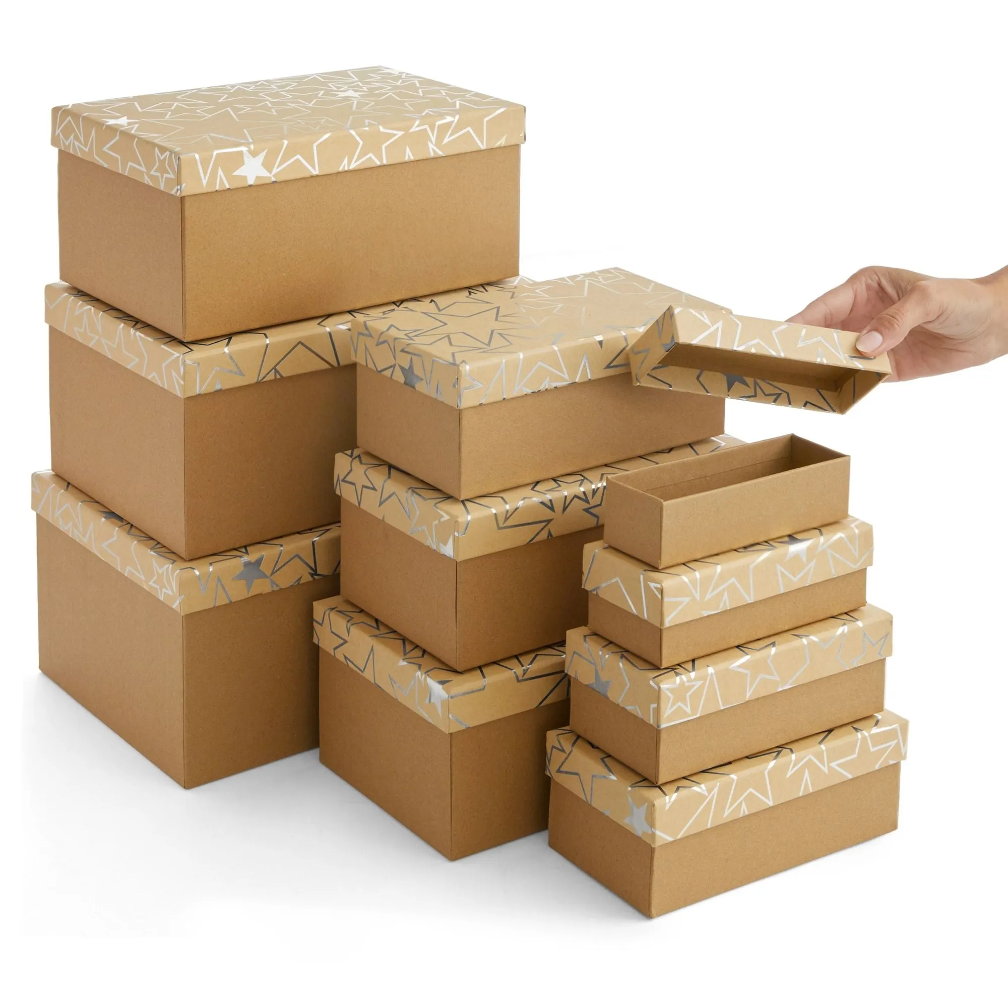 Set of 10 Nesting Gift Boxes with Lids, Cardboard Box with Silver Foil Star Designs (10 Sizes)