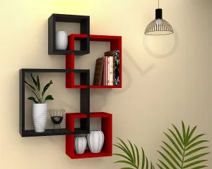 Timberhub Wooden Glossy Intersecting Wall Mounted Book Shelves for Living Room Home Decoration for Office Decor (Red & Black)