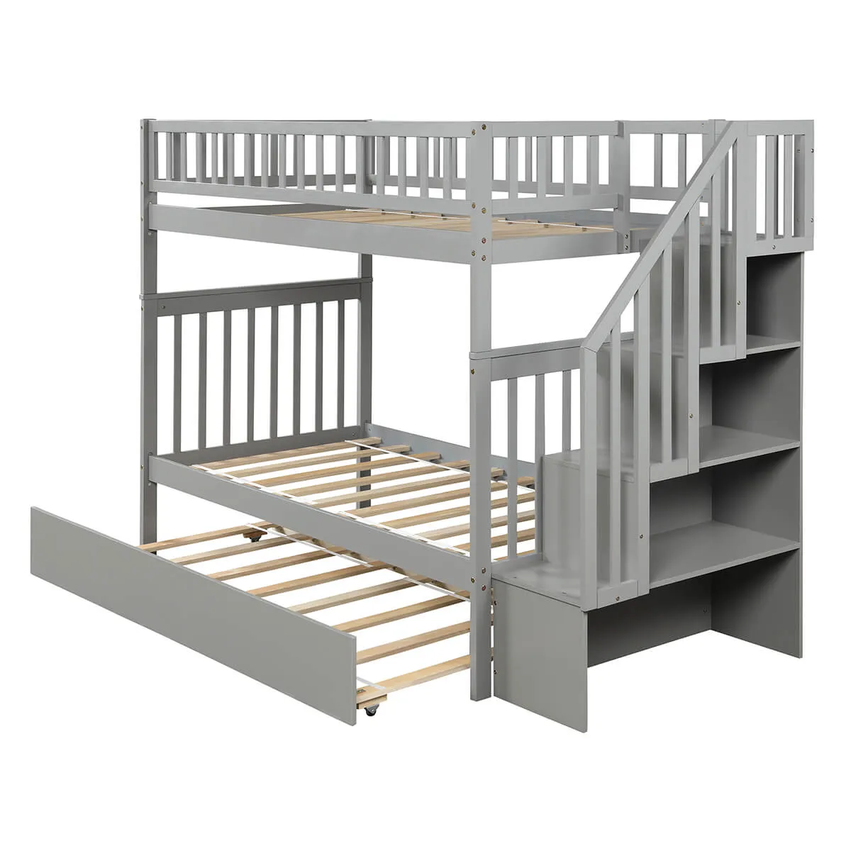 Twin Over Twin Bunk Bed with Trundle and Storage Gray