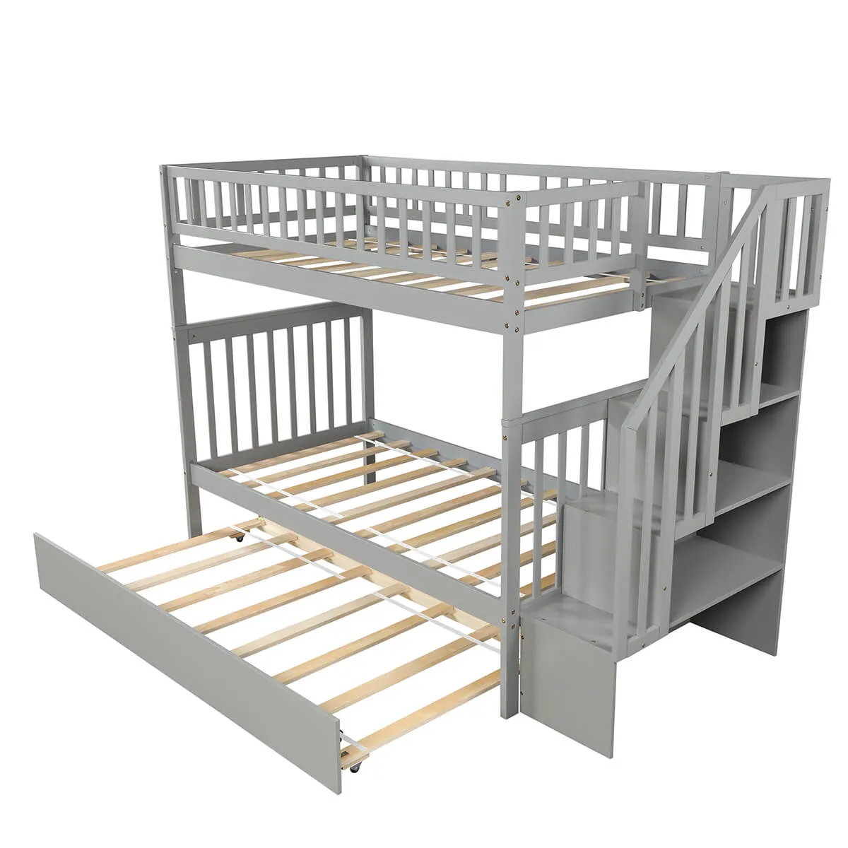 Twin Over Twin Bunk Bed with Trundle and Storage Gray