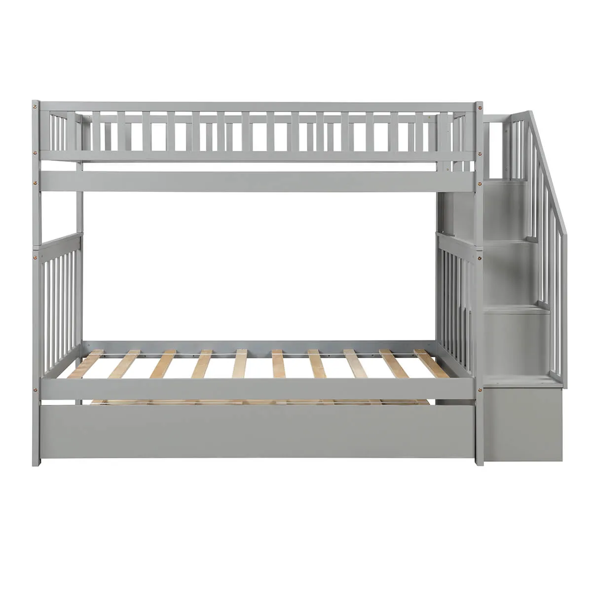 Twin Over Twin Bunk Bed with Trundle and Storage Gray