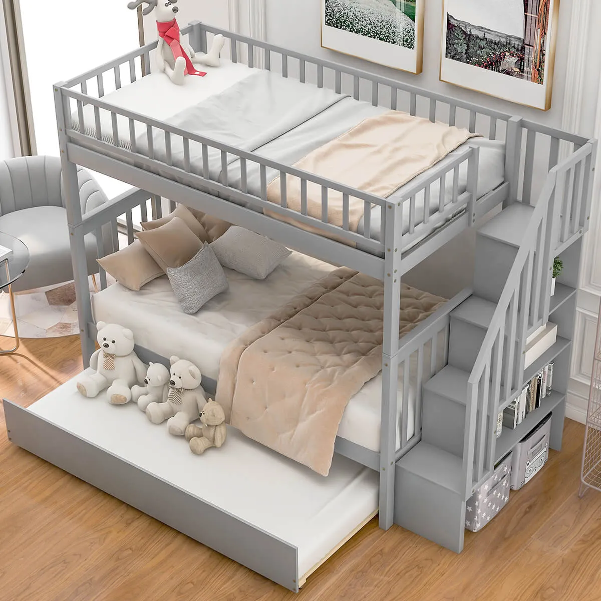 Twin Over Twin Bunk Bed with Trundle and Storage Gray