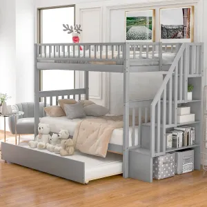 Twin Over Twin Bunk Bed with Trundle and Storage Gray